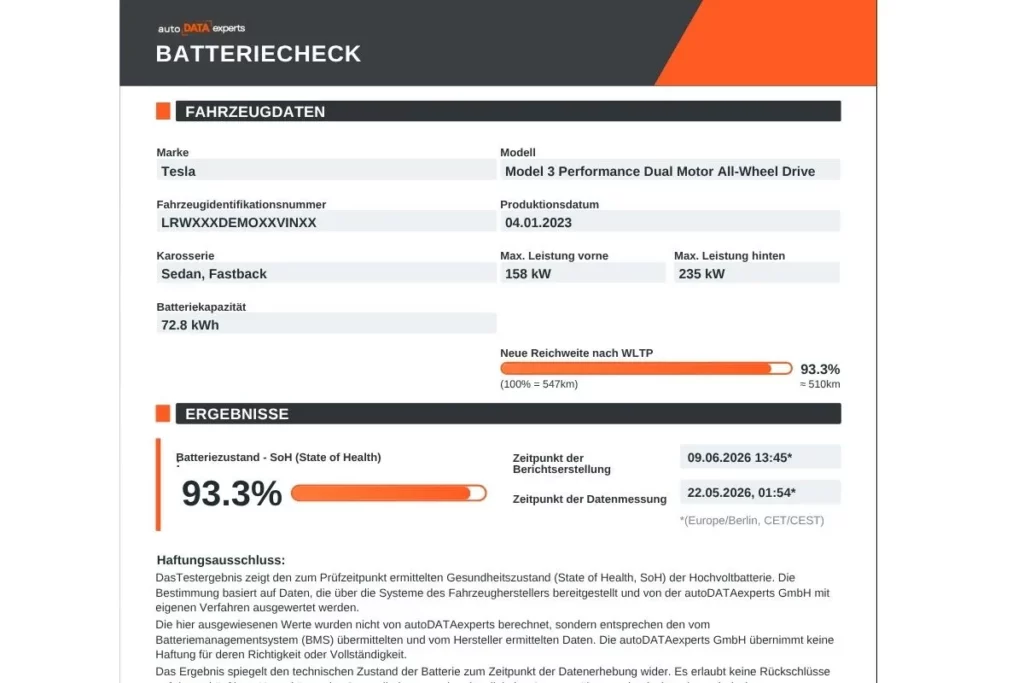 Echter Batteriecheck-Bericht von autoDATAexperts mit SoH-Wert per FIN-Abfrage für ein Elektroauto Bildunterschrift: Beispiel eines per FIN erstellten Batteriecheck-Berichts – der SoH-Wert stammt direkt aus den Herstellerdaten (anonymisierte Demo-FIN)