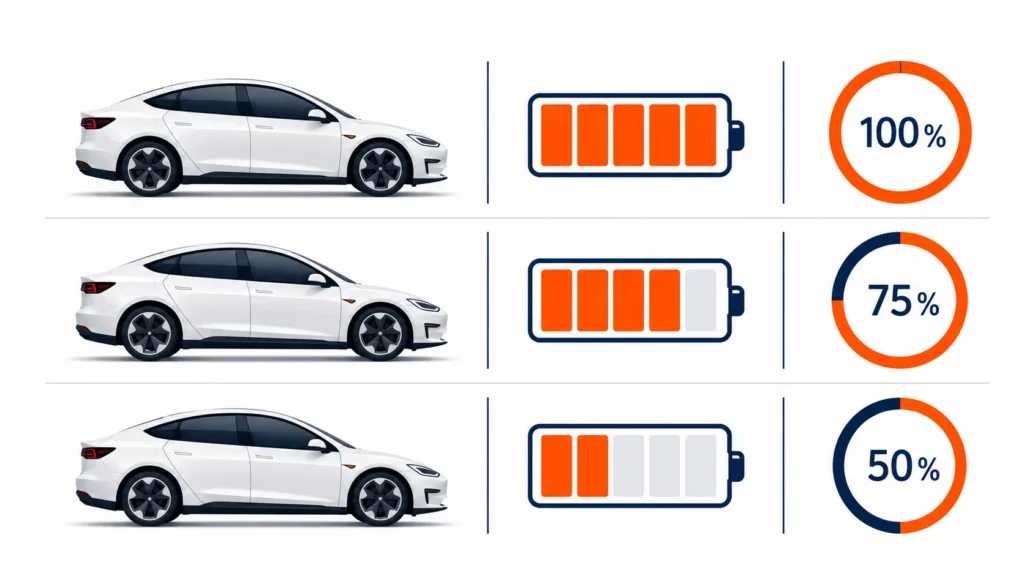 Batteriezustand Elektroauto prüfen – schematische Darstellung von Fahrzeug, Batterie und SoH-Wert in Prozent