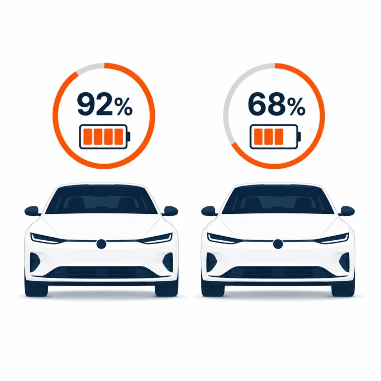 Zwei baugleiche Elektrofahrzeuge mit unterschiedlichem Batteriezustand im Vergleich